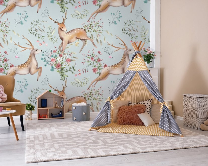 Fototapete Vintage Blumenmuster mit Hirsch für Kinderzimmer