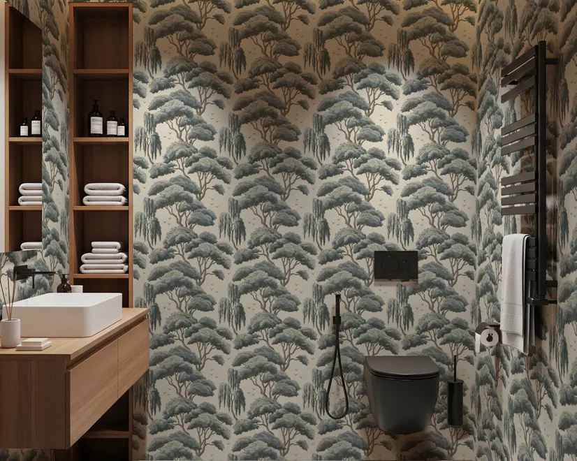 Vintage Japanese tree nature wallpaper with blue-grey canopies, willow foliage, birds and ivory-cream ground