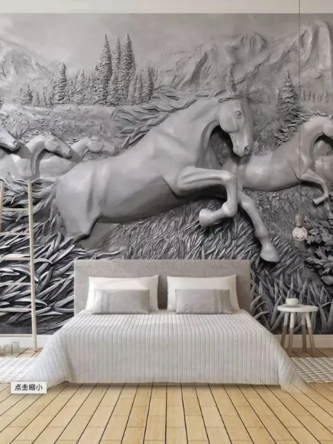3D Embossed Look Cement Angel Horses Wallpaper Mural