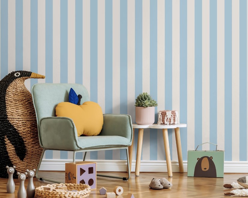 Papier peint panoramique rayé bleu tendre/rose pour chambre d'enfant