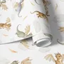 Kids wallpaper with sage, caramel and blue-gray watercolor dragons, clouds, sun and stars on white