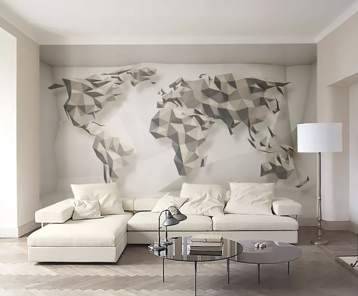 3D Look Geometric World Map Wallpaper Mural - Peel and Stick