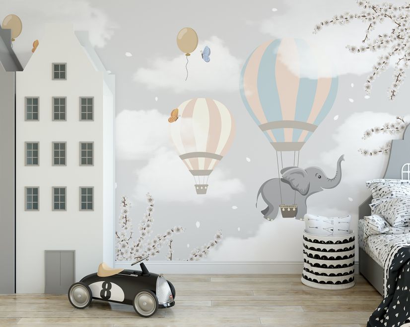 Kids Hot Air Balloons with Elephant Wallpaper Mural