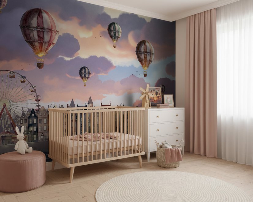 Kinder Fototapete mit Hafen, Dorf und Heißluftballons
