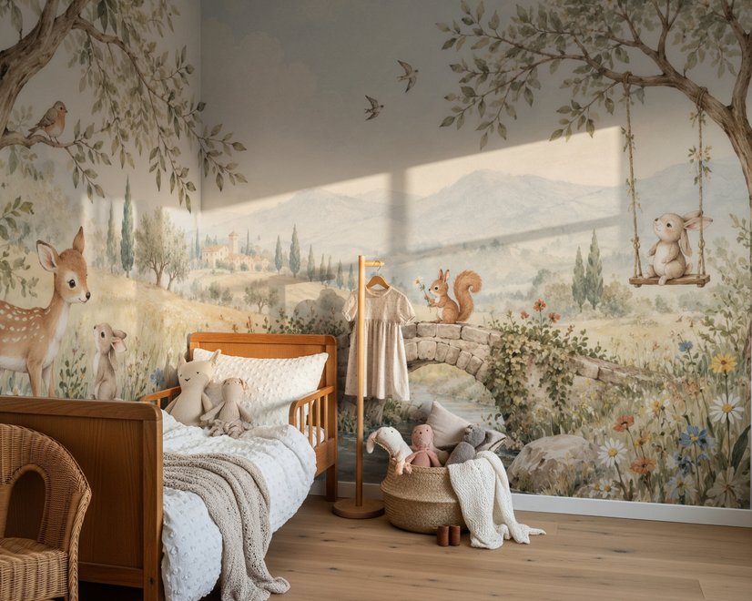 Watercolour woodland wall mural with fawn, rabbits, stone bridge, stream and distant cypress countryside