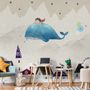 Cartoon Village and Little Child on the Flying Whale Wallpaper Mural