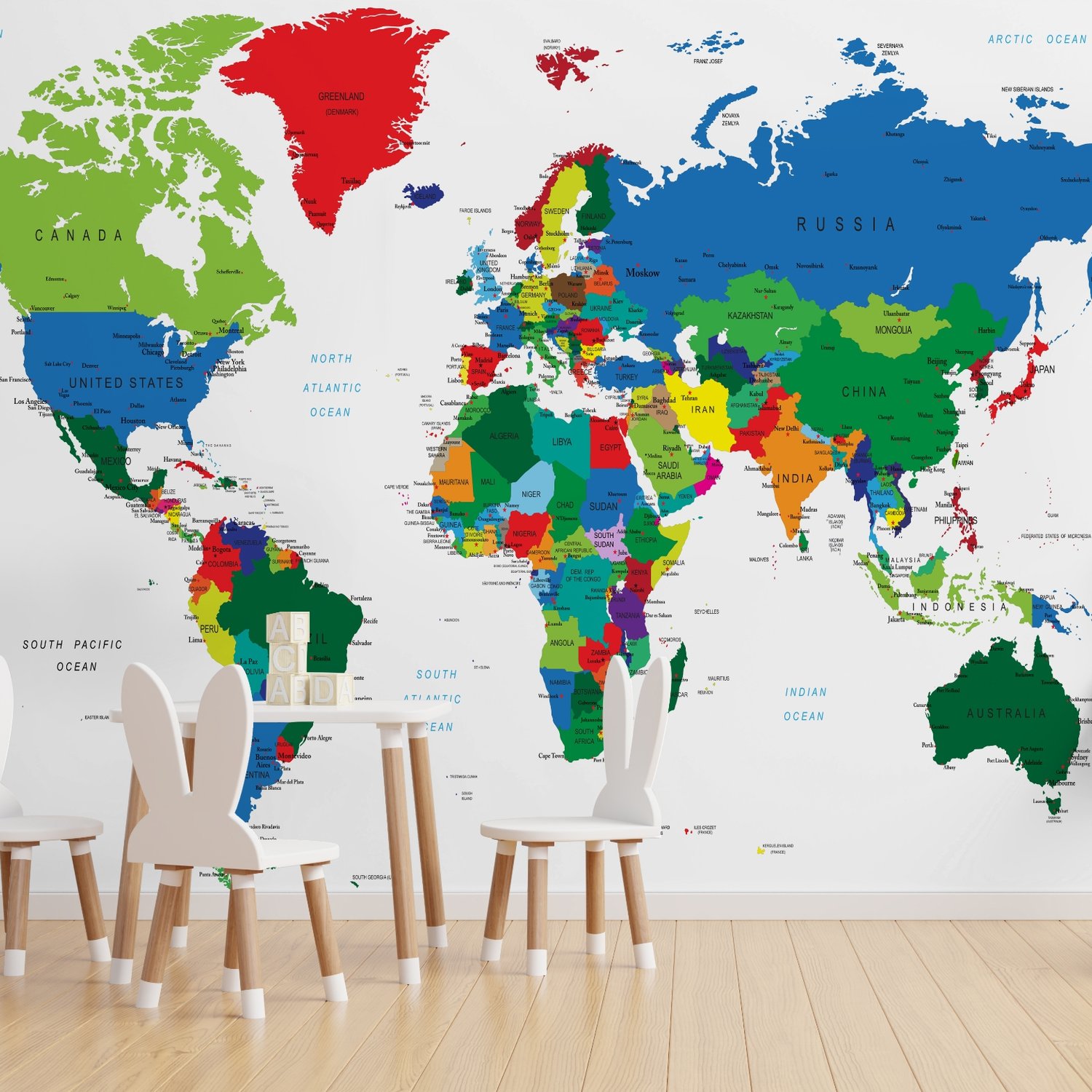 Kids Colorful Political World Map Wallpaper Mural - Peel and Stick