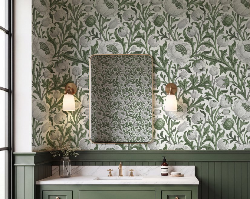 Sage green botanical floral wallpaper with white poppy flowers, lobed leaves and dotted seed centres