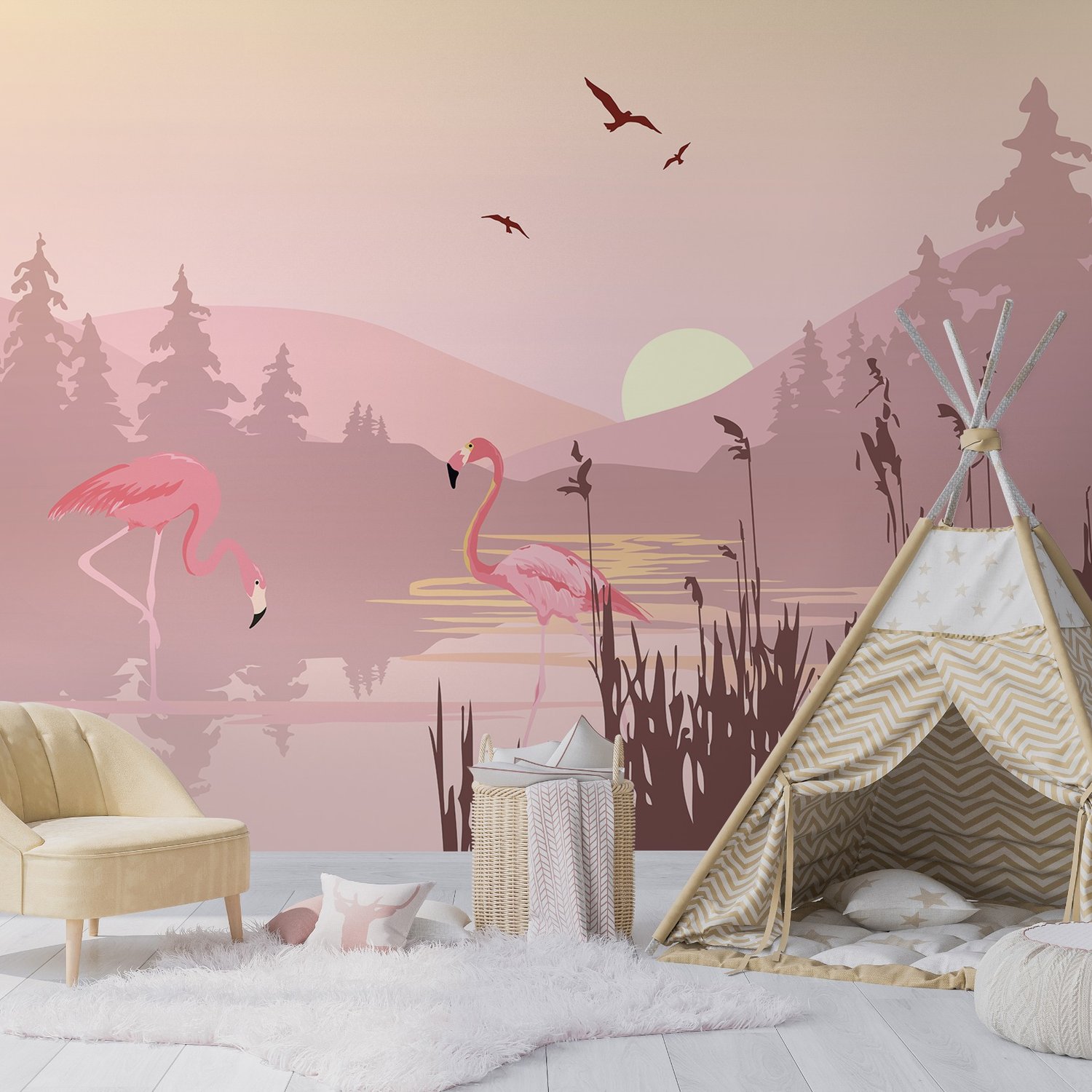 Pink Sunrise Landscape with Flamingos Wallpaper Mural - Peel and Stick
