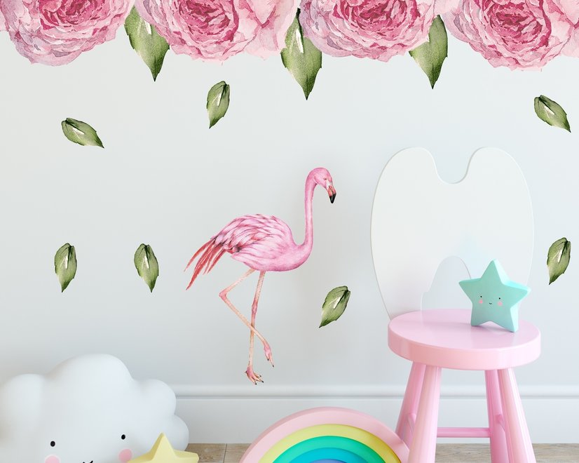 Wandtattoo mit Rosa Pfingstrosen und Flamingo