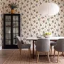 Bar area wallpaper with hand drawn cocktails, liquor bottles, citrus and fruit bowls on warm cream