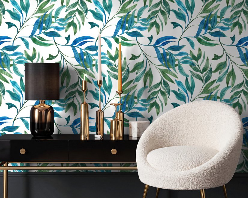 Dark olive green wallpaper with teal and cobalt watercolour lance leaves on a white ground