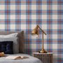 Blue and red plaid wallpaper with denim blue, cream and sky blue woven checks and fine red stripes