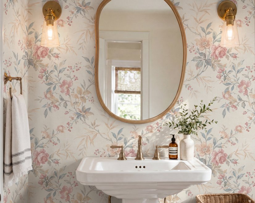 Pink chinoiserie wallpaper with watercolor flowers, blue-grey leaves and red berries on a cream linen-texture ground