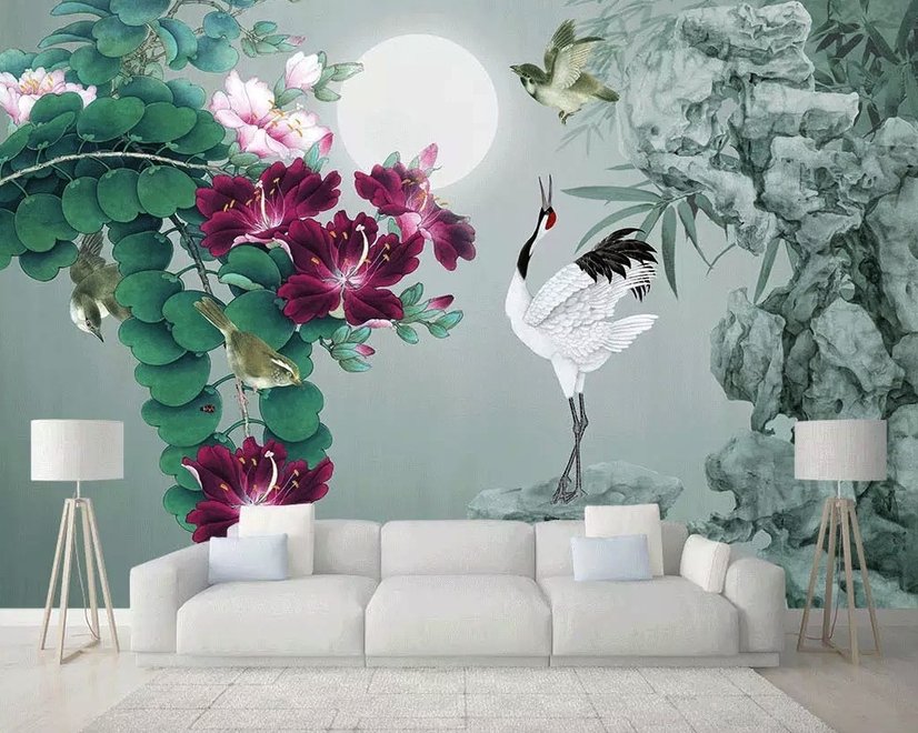 White Stork and Purple Flowers Wallpaper Mural