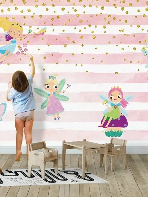Kids Cartoon Fairy with Stripe Pattern Wallpaper Mural