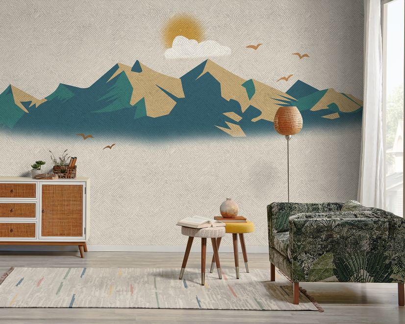 Mountain Sunrise Landscape and Old Plaid Texture Wallpaper Mural
