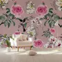 Papier peint panoramique vintage rose avec petits oiseaux