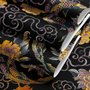 Japanese art wallpaper pattern with koi fish, gold peonies, mauve flowers and grey clouds on black