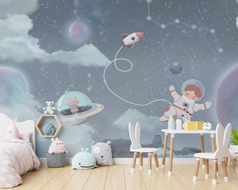 Soft Shining Planets and Astronaut for Boys Space Wallpaper Mural