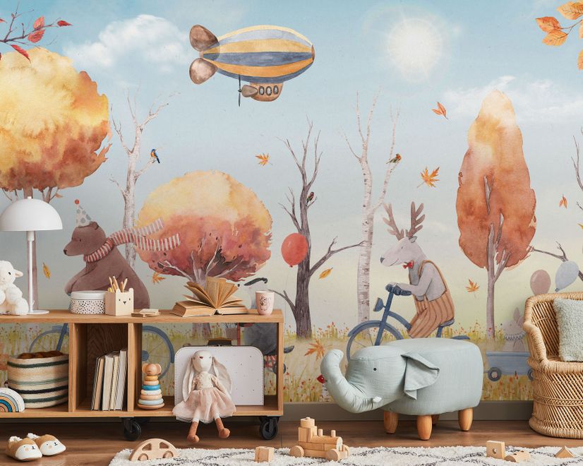 Kids Winter Animals with Zeppelin Wallpaper Mural
