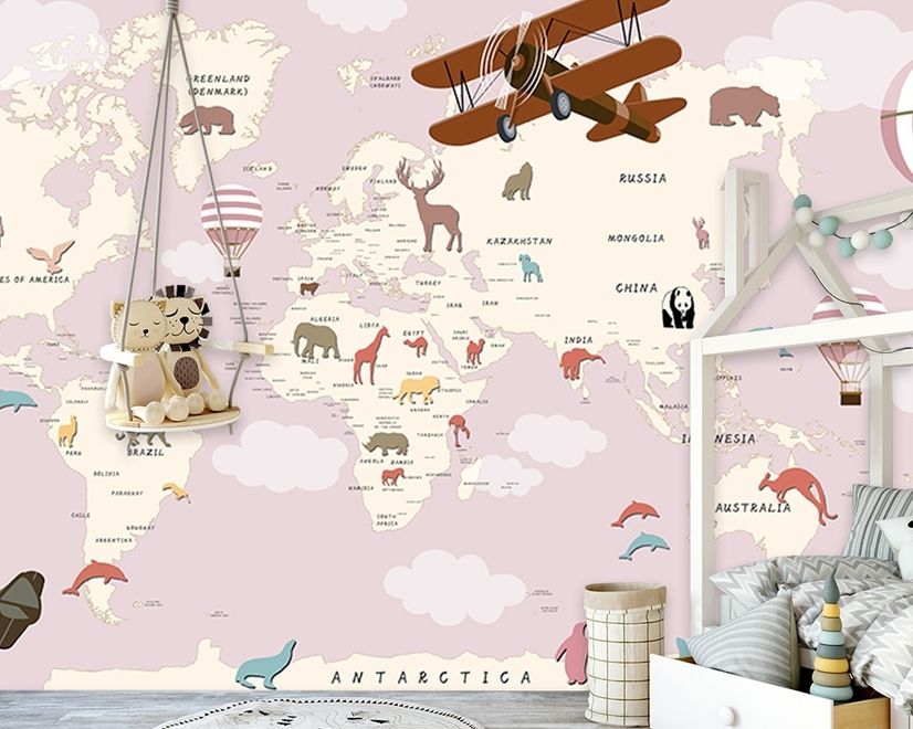 For Kids Pink World Map with Vintage Aircraft and Hot Air Balloon Wallpaper Mural