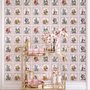 Bar wallpaper with cream tile grid, dusty rose arches, illustrated wine bottles, fruit and café still lifes