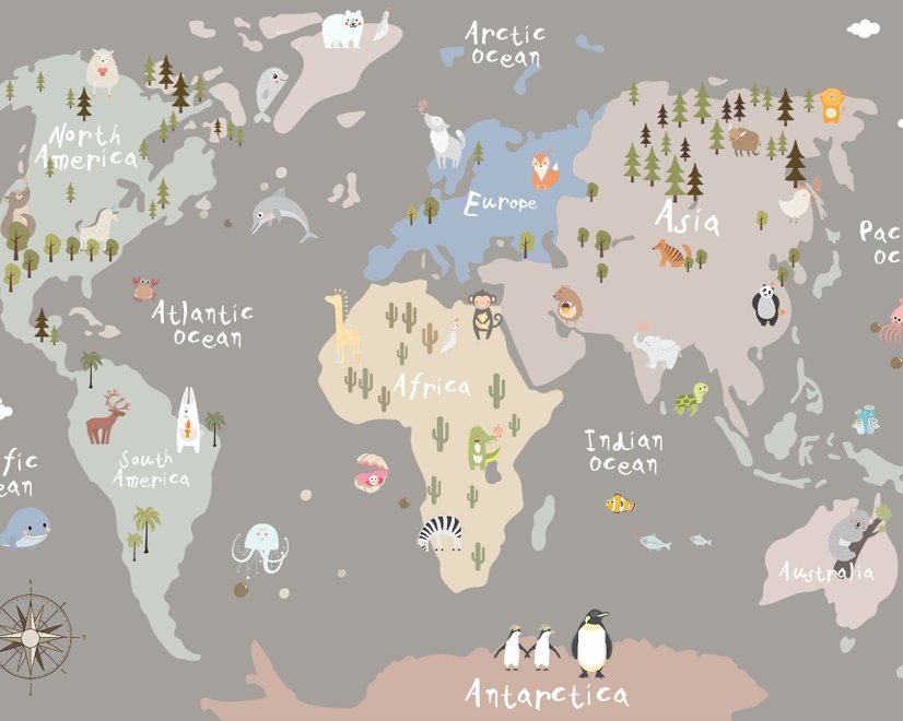 Papier peint carte du monde colorée avec animaux pour enfants