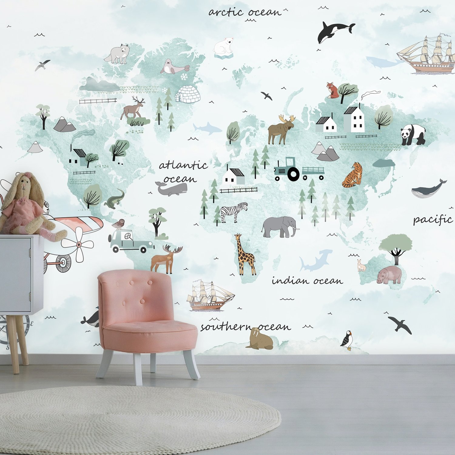 Kids Blue World Map with Cute Animals with Flying Rabbit Wallpaper Mural - Peel and Stick