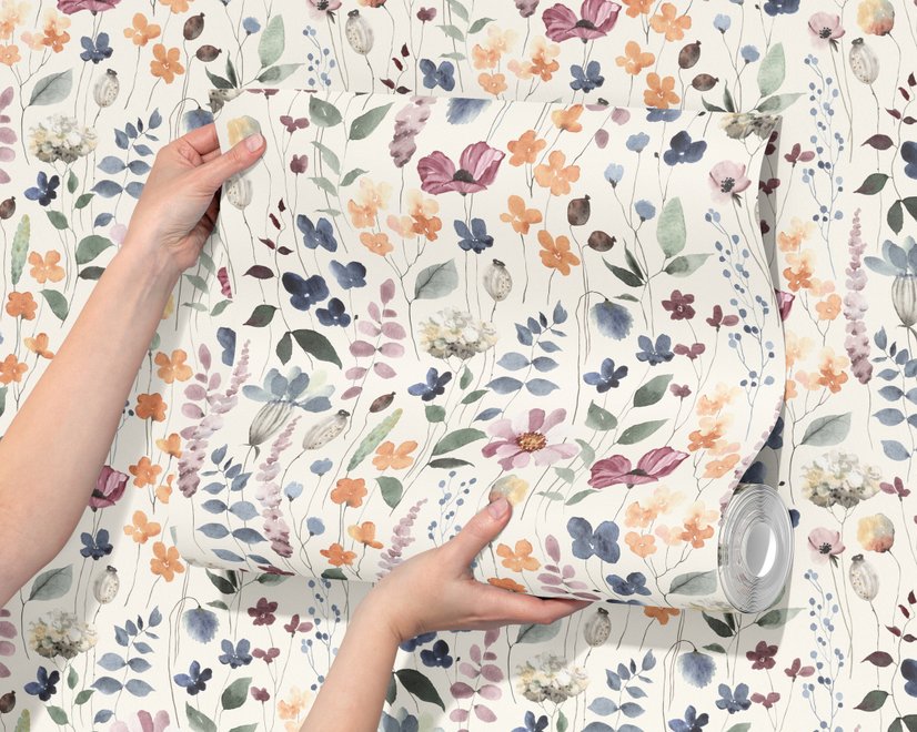 Watercolour floral wallpaper repeat with navy, blue, blush and peach wildflowers on warm cream