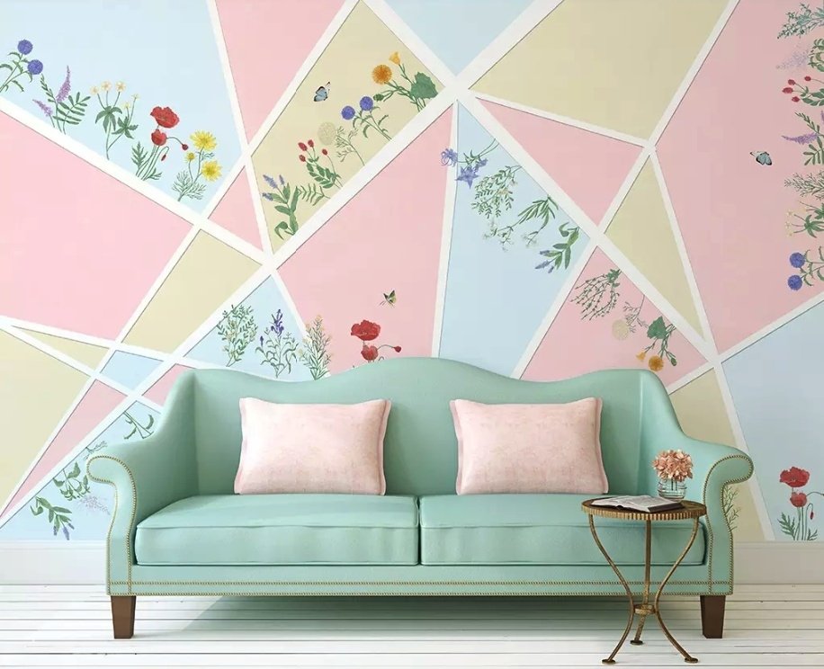 Flowery with Geometric Shapes Wallpaper Mural - Peel and Stick