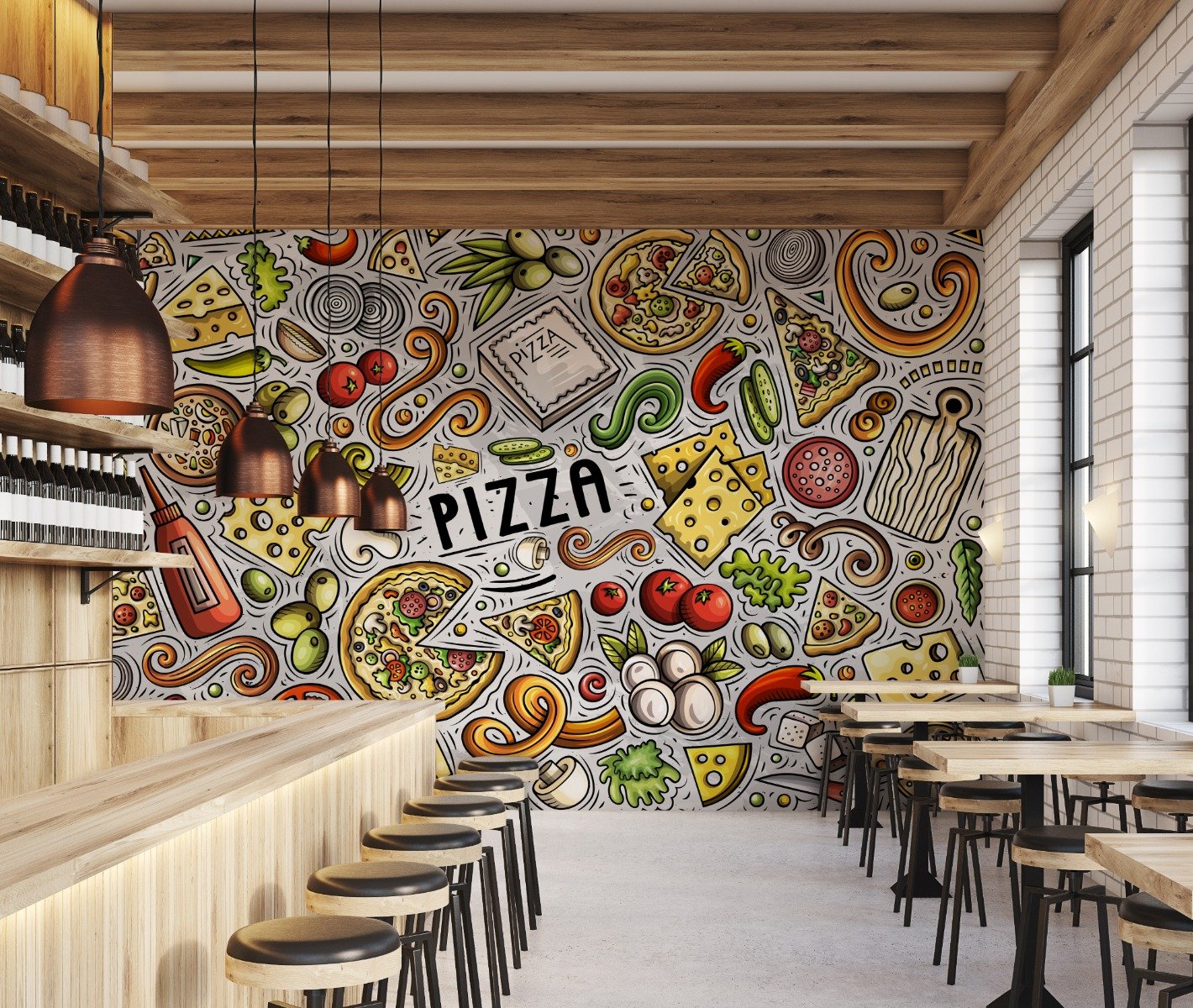 Cartoon Colorful Fast Foods and Pizza Wallpaper Mural - Peel and Stick