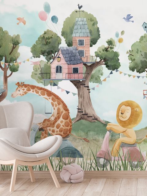 Papier peint animaux forêt cabane arbre enfants