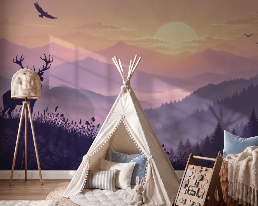 Stag mountain wallpaper with a navy deer silhouette, lavender pine ridges and a pale golden sun