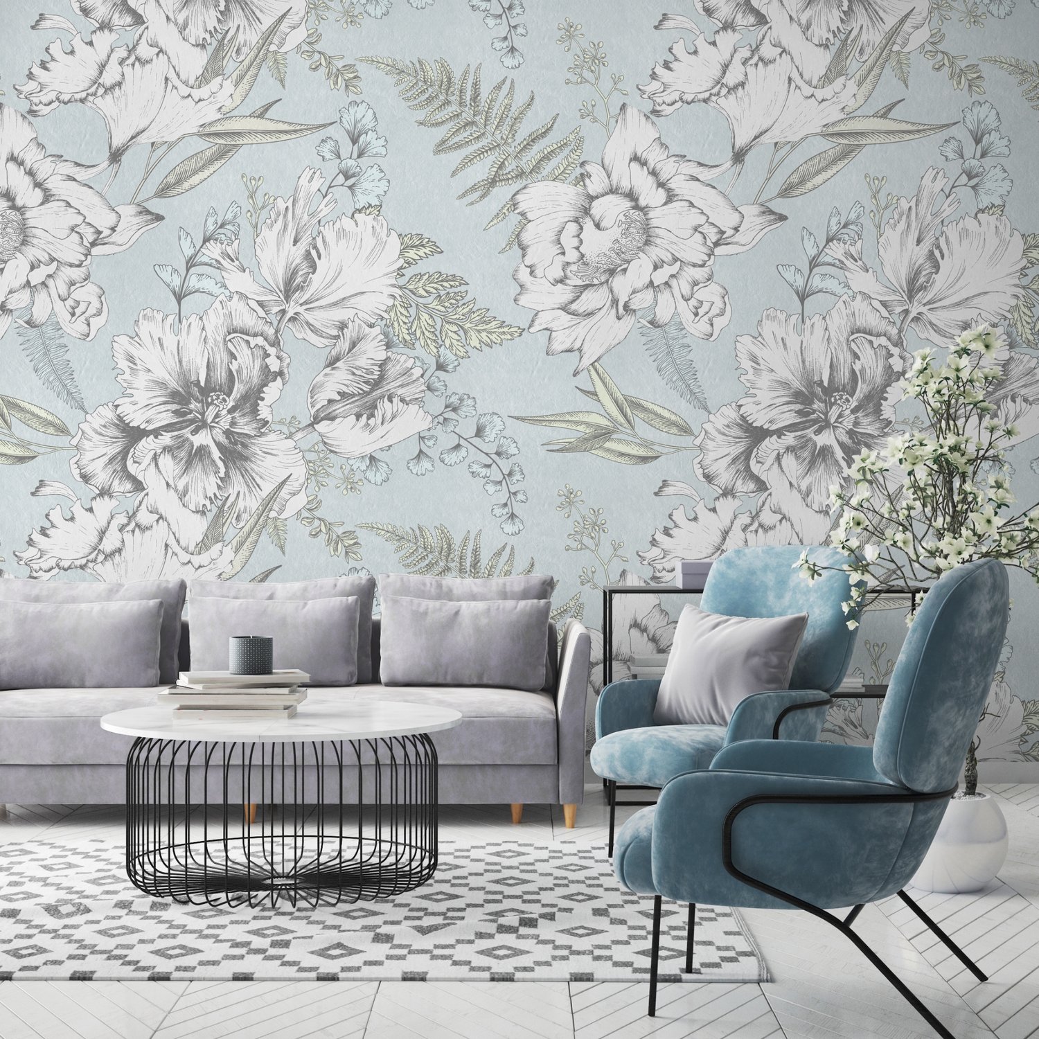 Drawing Floral Bouquet Art Wallpaper Mural - Peel and Stick