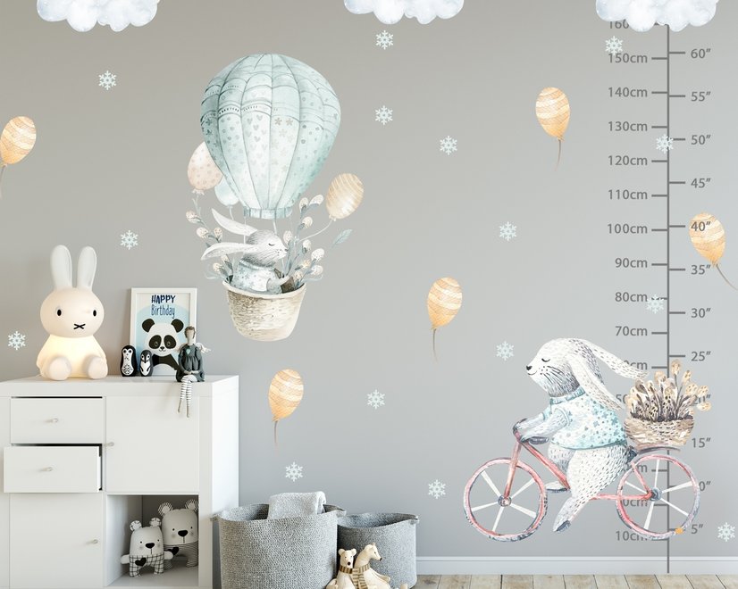 Kids Cartoon Rabbit with Balloons and Snowflake Wall Decal Sticker