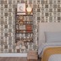 Vintage city wallpaper with illustrated European townhouses, lamps, bicycles, benches and orange-gold trees