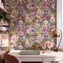 Bold wallpaper for powder room with pop art female faces, pink flowers, black comic panels, mustard, teal and fuchsia details