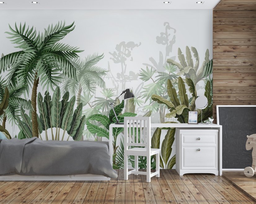 Tropical Cartoon Palm Tree and Banana Leaves Wallpaper Mural