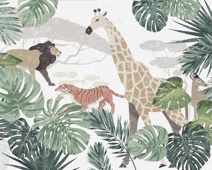 Retro Wild Animals with Tropical Leaves Wallpaper Mural