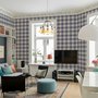 Blue and red plaid wallpaper with denim blue, cream and sky blue woven checks and fine red stripes