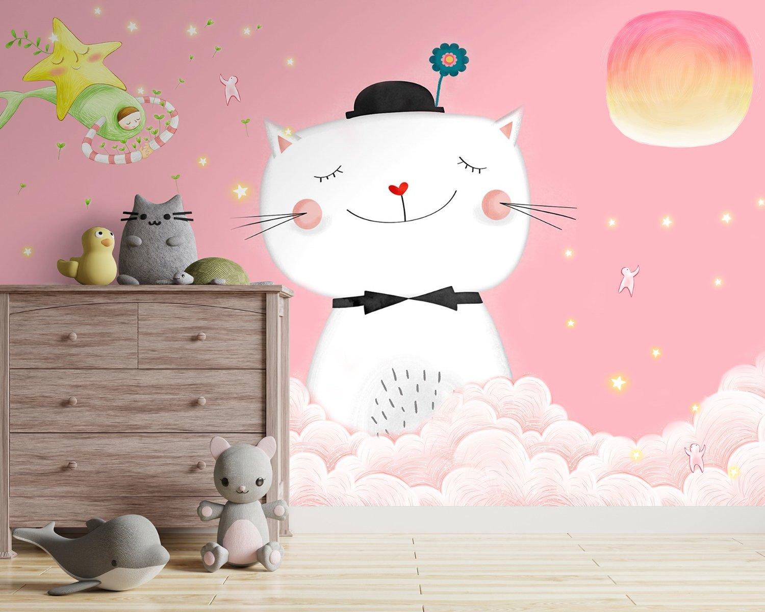 Cartoon Happy Cat on the Pink Clouds Wallpaper Mural - Peel and Stick