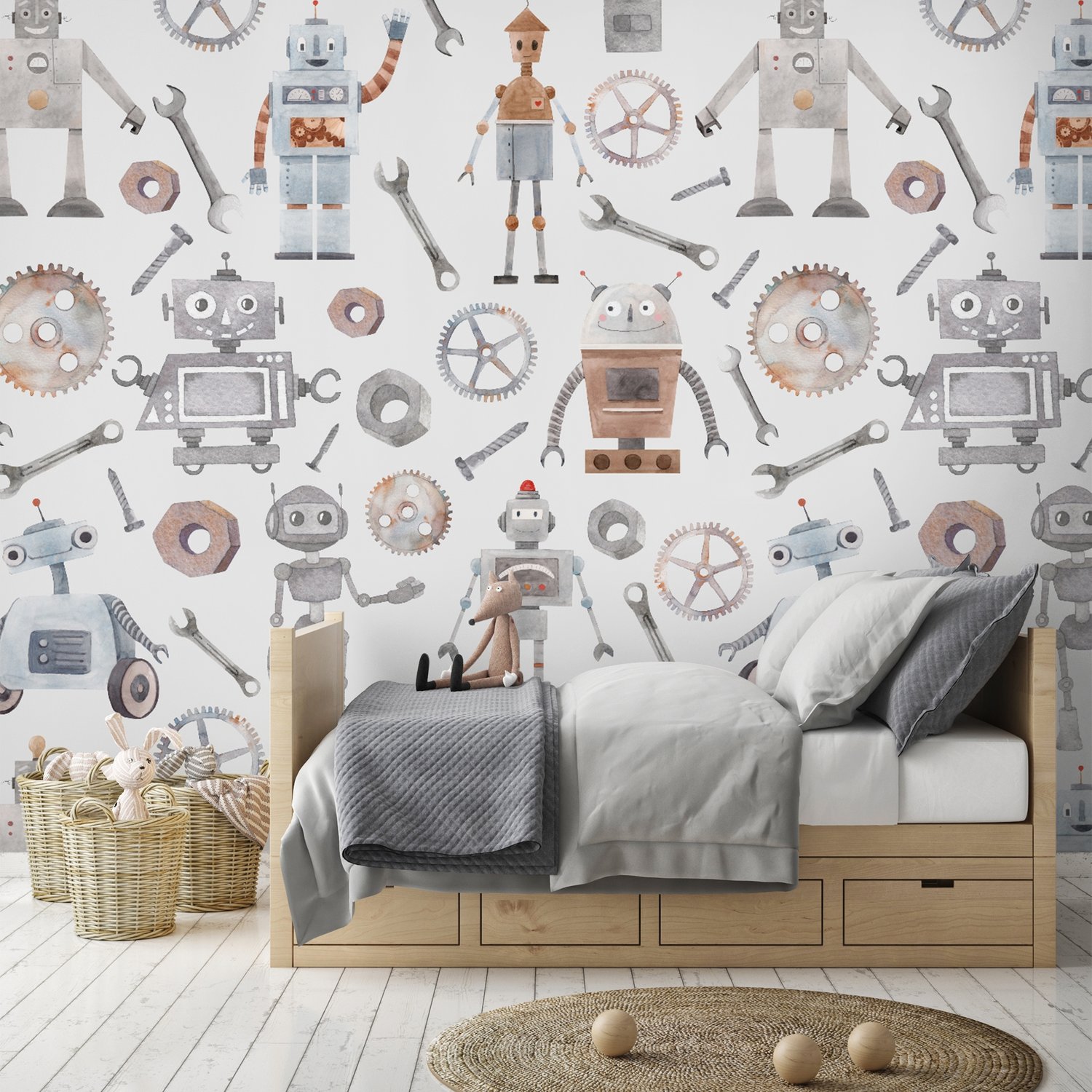 Kids Watercolor Robot Wallpaper Mural - Peel and Stick
