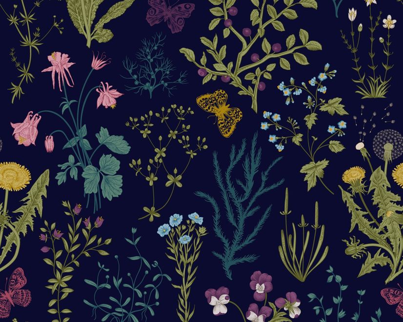 Little Herbs and Flowers on Dark Background Wallpaper Mural