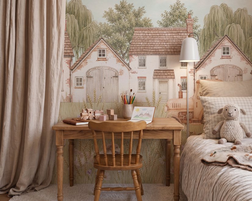 Watercolour farmhouse animal wall mural with cottages, horse, cow, tractor and wheat meadow