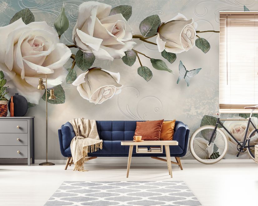 Beautiful White Roses and Butterflies Wallpaper Mural