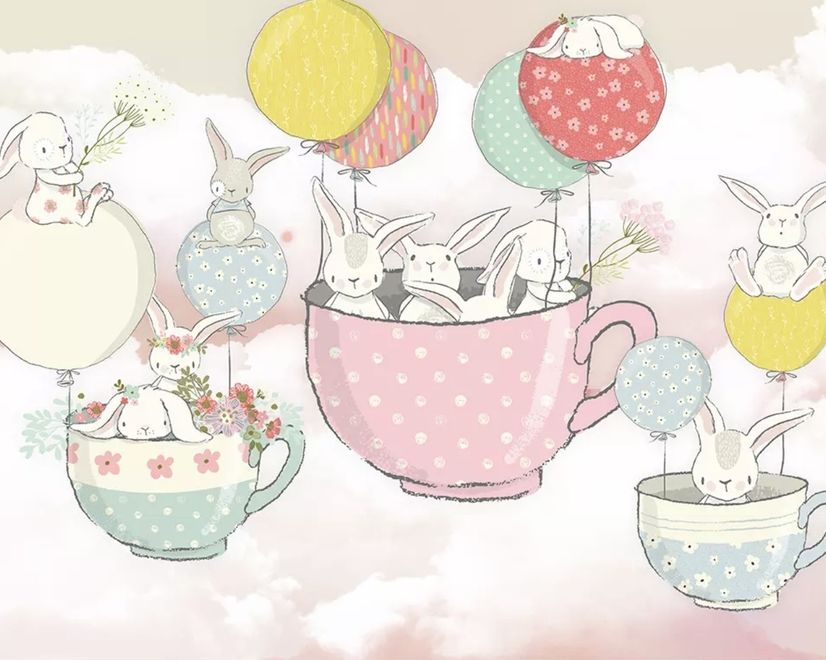 Rabbit Flying in the Cups with Baloon Wallpaper Mural