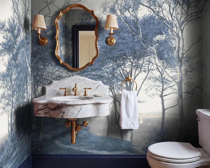 Blue forest background wallpaper mural with coastal trees, sea water and small white sailboats