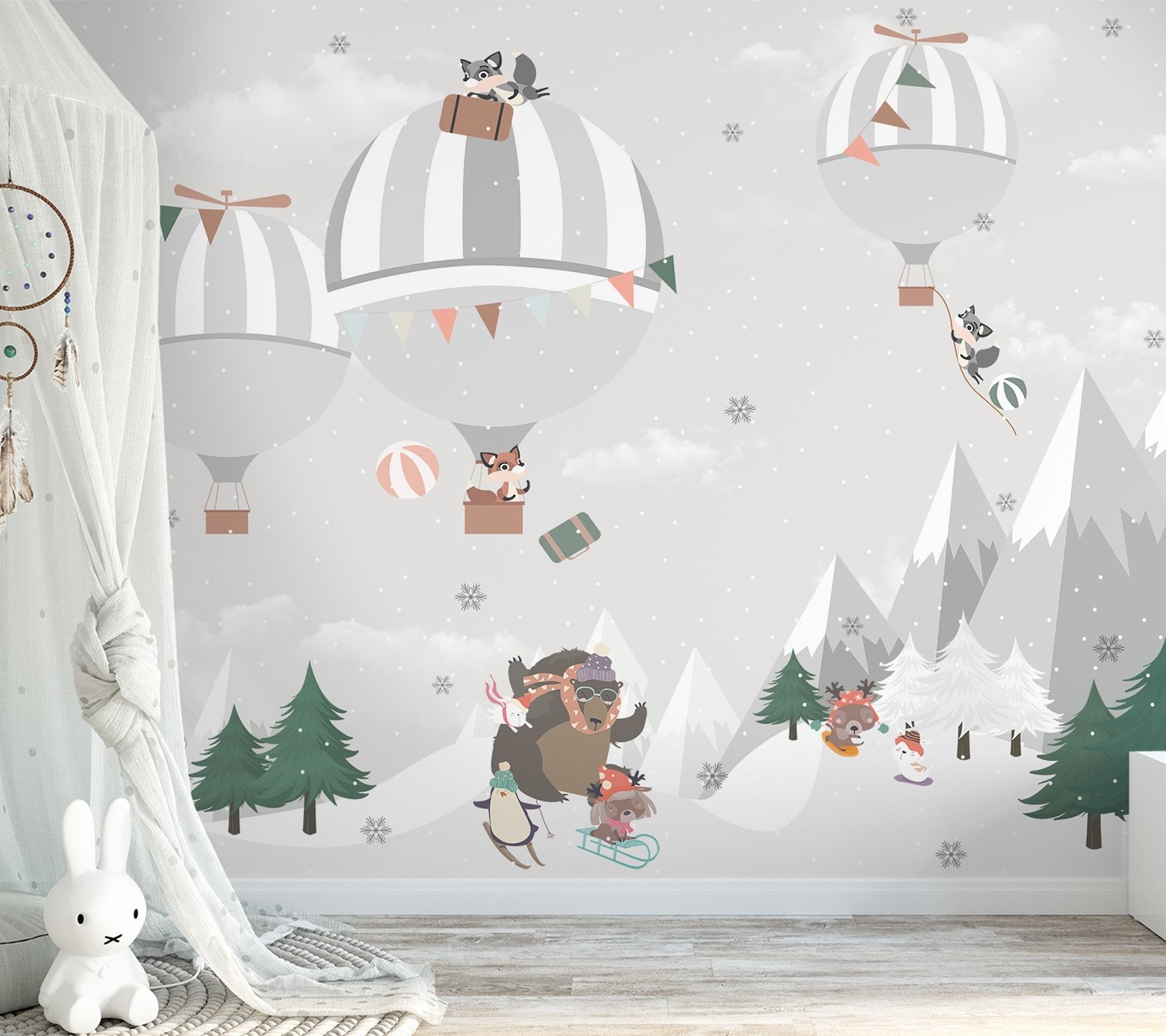 Cute Animals Playing Skate on the Snowy Mountain with Hot Air Balloon Wallpaper Mural - Peel and Stick