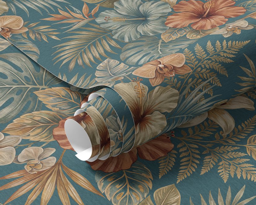 Blue tropical wallpaper with hibiscus, orchids, lilies, monstera leaves and palm fronds on a deep teal-blue ground